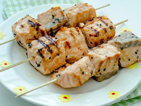 Salmon Skewers with Honey-Mustard Sauce