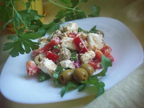 Pepper, olives, arugula and feta cheese salad